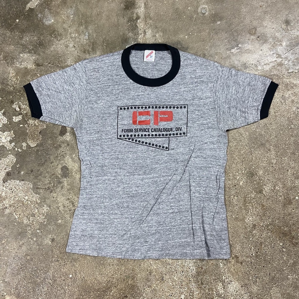 Vintage 80s CP Form Service Catalogue Ringer T-Shirt Size Medium Gray Crew Neck